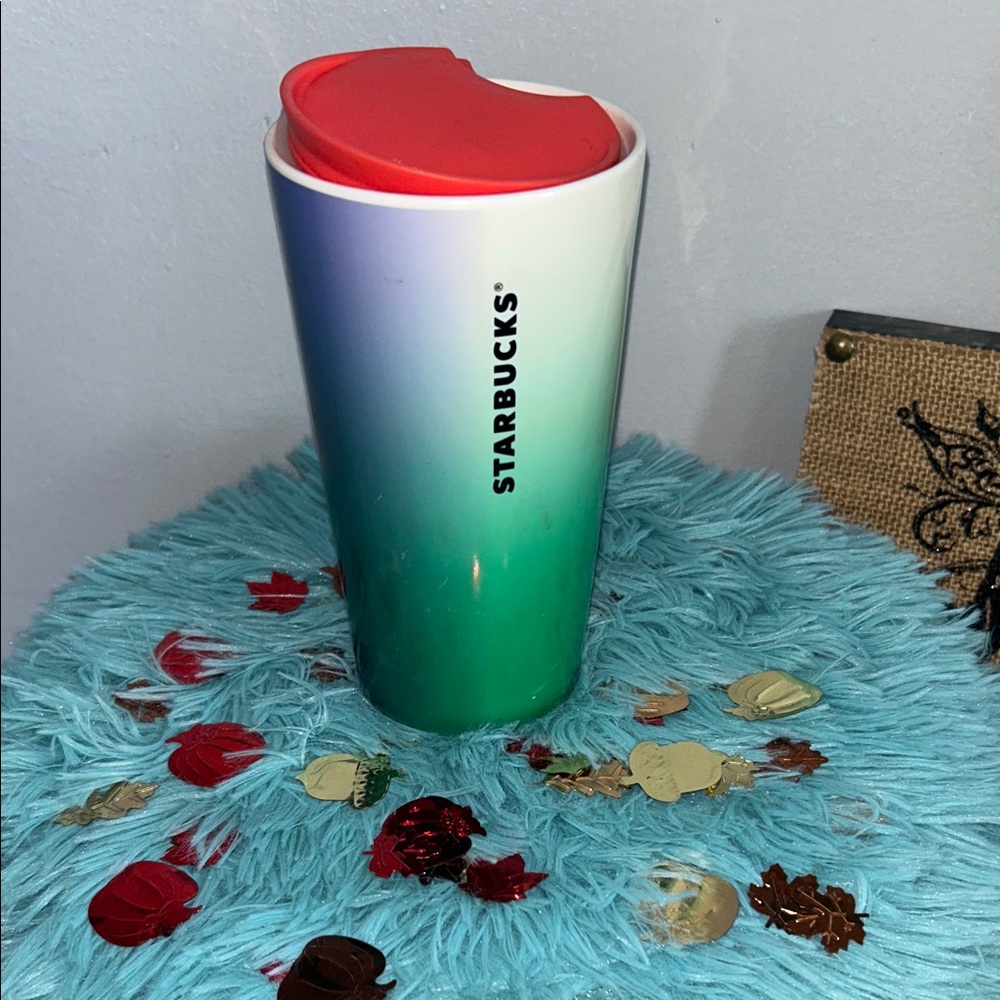 Starbucks Green and White Gradient Ceramic Tumbler with Red Lid